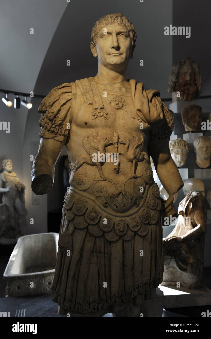 Trajan (53-177 A.D.). Roman Emperor from 80 to 117 A.D. Sculture. Ny Carlsberg Glyptotek. Copenhagen. Denmark. Stock Photo