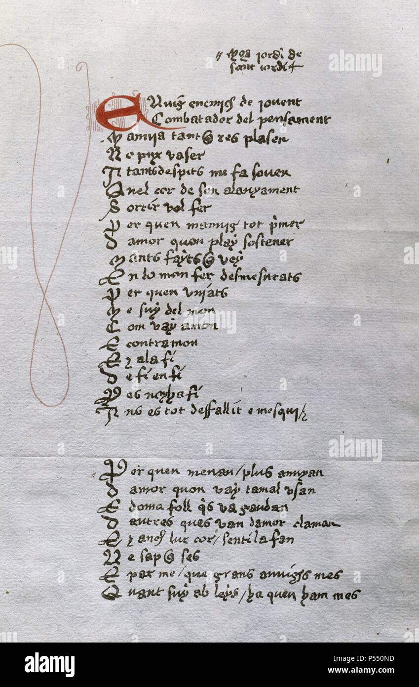 LITERATURA CATALANA. S. XIV-XV. JORDI DE SANT JORDI. Nacido en el Reino de Valencia. Poeta cortesano y militar. Fué camarero del rey Alfonso V 'El Magnánimo'. Su obra es de tradición trobadoresca. 'CANCION', fólio 99v. (Facsímil). Universidad de Zaragoza. Aragón. España. Stock Photo