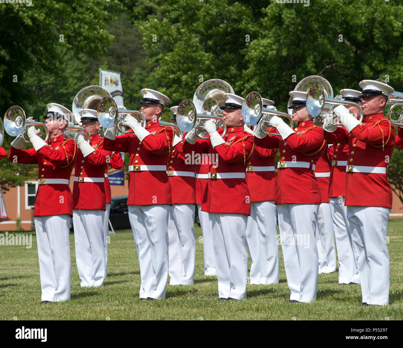 The U.S. Marine Drum and Bugle Corps perform during the Centennial Celebration Ceremony at