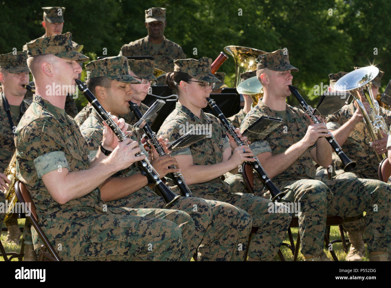 The U.S. Marine Corps Quantico band performs during the Centennial Celebration Ceremony at Lejeune Field, Marine Corps Base (MCB) Quantico, Va., May 10, 2017. The event commemorates the founding of MCB Quantico in 1917, and consisted of performances by the U.S. Marine Corps Silent Drill Platoon and the U.S. Marine Drum & Bugle Corps. Stock Photo