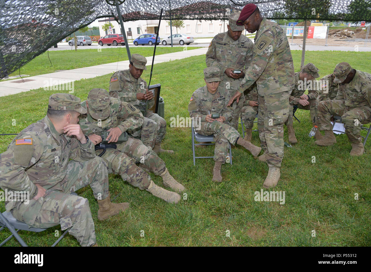 U.S. Army Paratroopers assigned to the 173rd Airborne Brigade Support Battalion, 173rd Airborne Brigade, participate in a radio challenge during the Junior Leader Challenge at Caserma Del Din, Vicenza, Italy May 10, 2017.  The 173rd Airborne Brigade is the U.S. Army Contingency Response Force in Europe, capable of projecting ready forces anywhere in the U.S. European, Africa or Central Commands areas of responsibility within 18 hours. Stock Photo