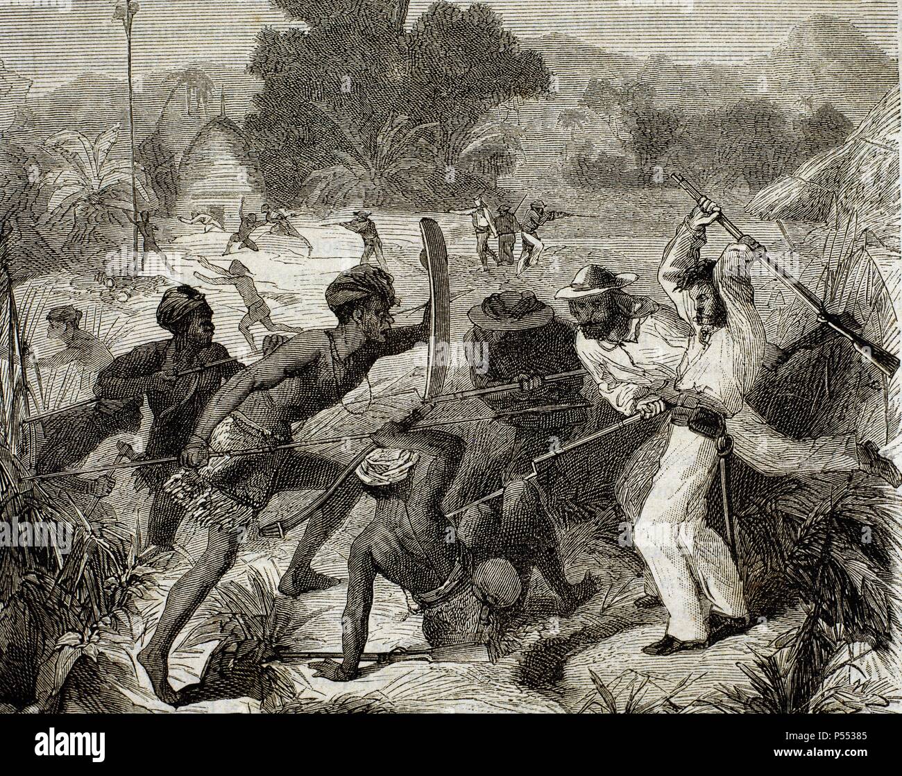 OCEANIA. MELANESIA. Matanza de nativos en NUEVA CALEDONIA por parte de tropas colonialistas. Grabado del año 1877. Stock Photo
