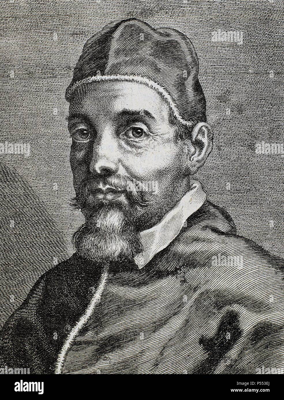 URBANO VIII (Florencia, 1568-Roma, 1644). Papa italiano, de nombre MAFFEO VICENTE BARBERINI fue elegido en 1623. Durante la guerra de los Treinta Años mantuvo una política francófila. Grabado. Stock Photo
