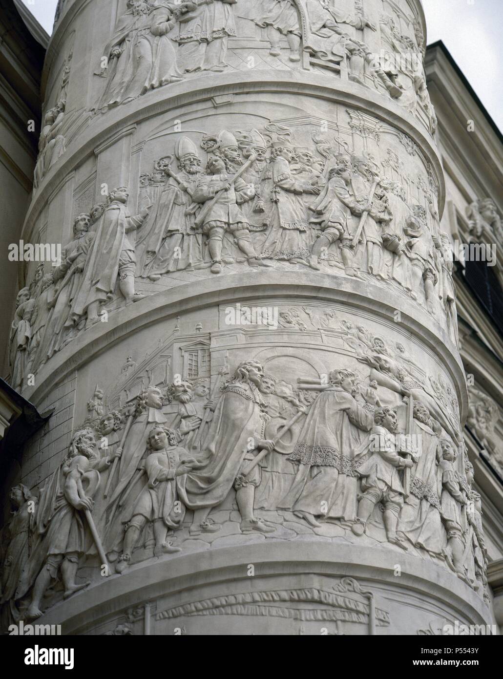 Church of St. Charles (1716-1737). Right column with spiral decoration depicting scenes from the life of St. Charles Borromeo. The Courage. Carved by Lorenzo Mattielli (1678/88-1748). Detail. Vienna. Austria. Stock Photo