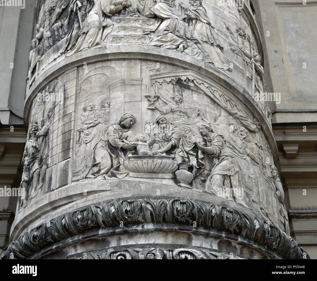 Church of St. Charles (1716-1737). Right column with spiral decoration depicting scenes from the life of St. Charles Borromeo. The Courage. Carved by Lorenzo Mattielli (1678/88-1748). Detail. Vienna. Austria. Stock Photo
