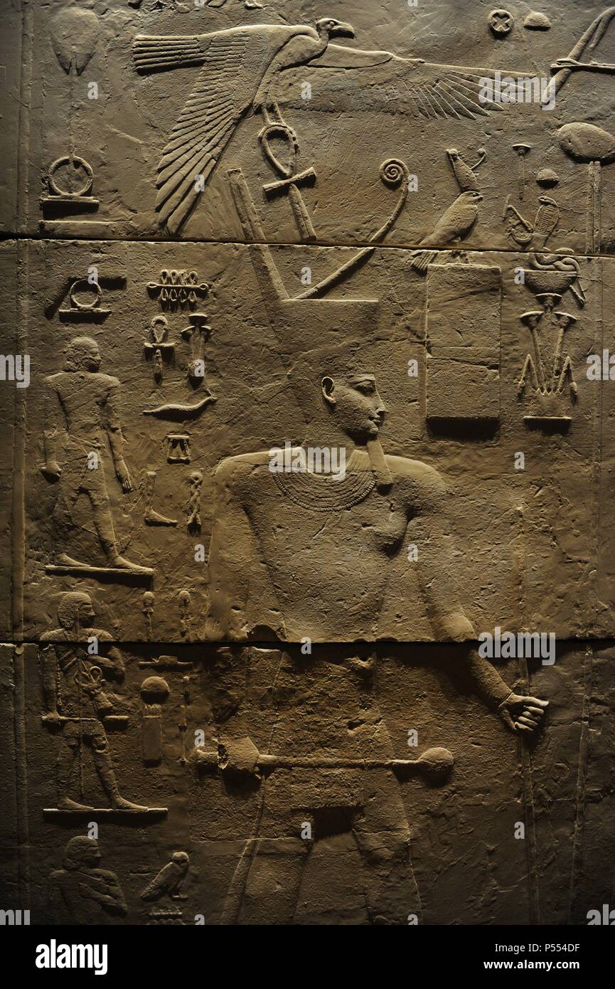Relief depicting a scene from the King's Heb Sed. Monumental gateway from the Palace of Apries, Memphis, Egypt. Limestone. Late Period, Saite. 26th Dynasty. C. 589-570 BC. Ny Carlsberg Glyptotek Museum. Copenhagen. Denmark. Stock Photo