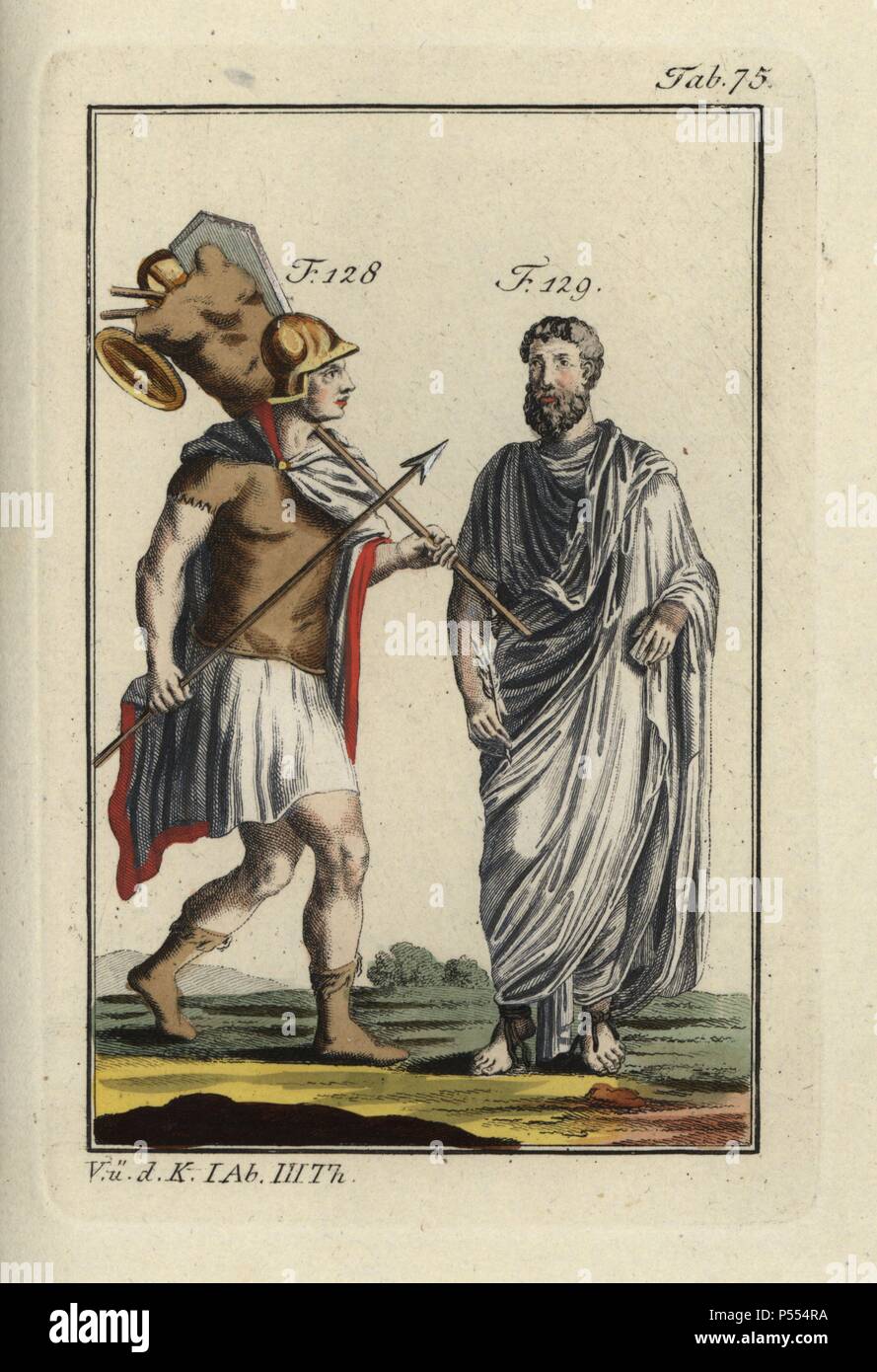 Emperor Romulus Augustus in battledress carrying the Spolia Opima (rich spoils), and a Roman consul. Handcolored copperplate engraving from Robert von Spalart's 'Historical Picture of the Costumes of the Principal People of Antiquity and of the Middle Ages' (1798). Stock Photo