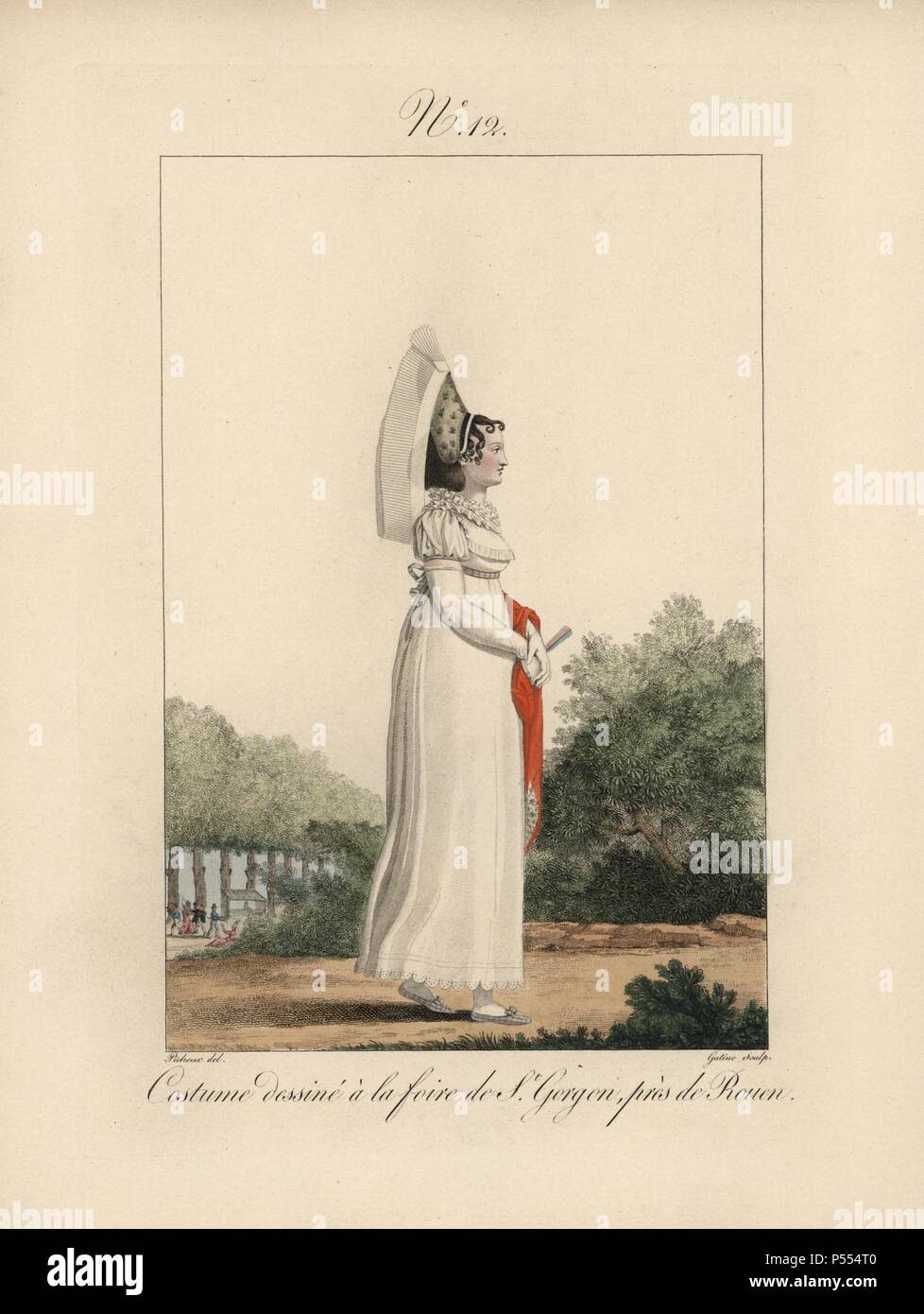 Costume of a woman at the country festival of St. Gorgon, near Rouen. She  wears a tall bonnet that is sewed onto a velvet band. Hand-colored fashion  plate illustration by Benoit Pecheux