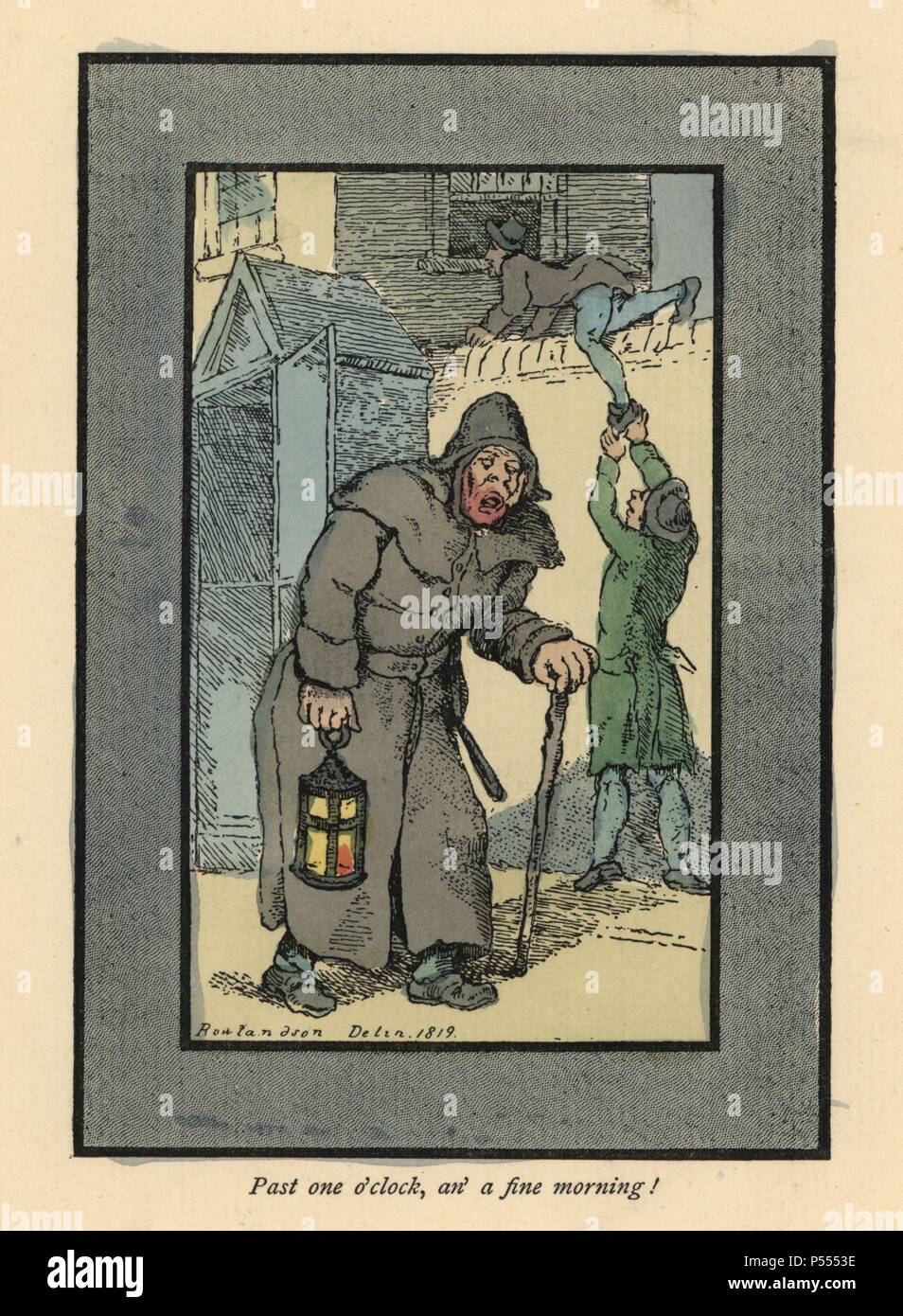 Night watchman with lantern and stick oblivious to two burglars breaking into a house behind him (1819). Handcoloured woodblock engraving after an original painting by Thomas Rowlandson (1756-1827) from Andrew Tuer's 'London Cries: with Six Charming Children and about forty other illustrations,' published by Field & Tuer, London, 1883. Stock Photo