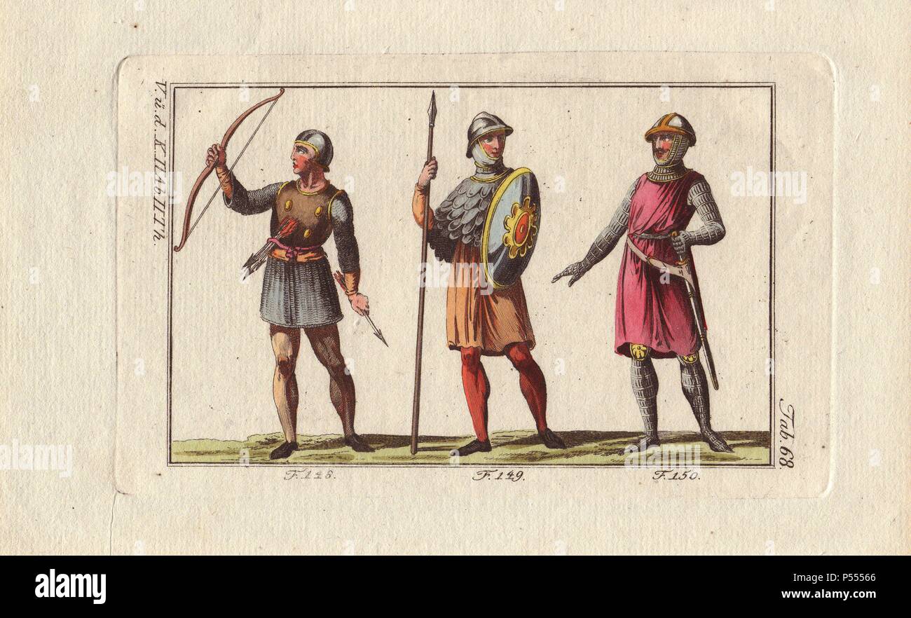 Norman soldiers: bowman with breastplate, bow and arrows; fantassin (infantry) with lance, shield and cuirass; and fantassin (infantry) in chain-mail armor with helmet and military surtout.. . Handcolored copperplate engraving from Robert von Spalart's 'Historical Picture of the Costumes of the Principal People of Antiquity and of the Middle Ages' (1796). Stock Photo