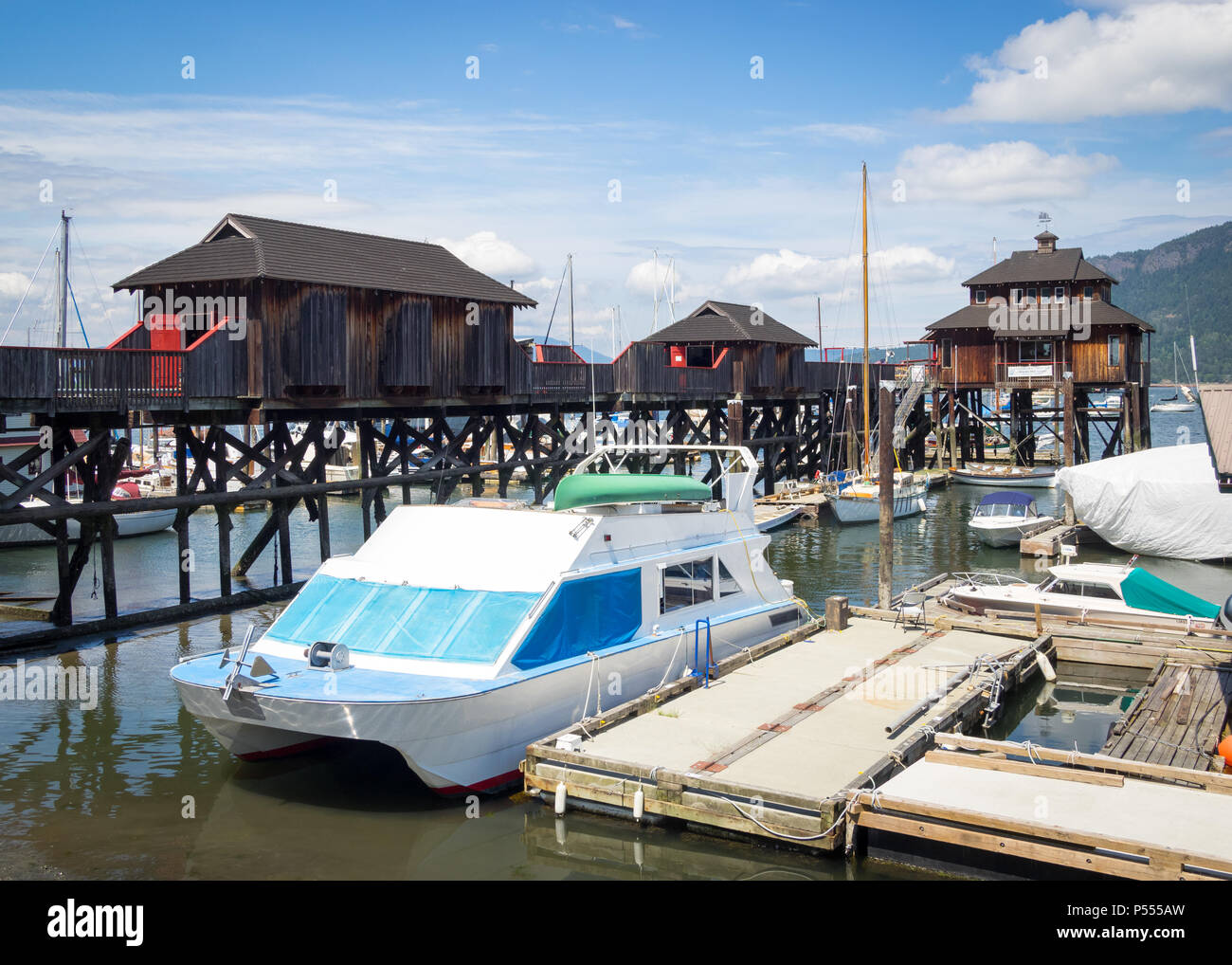 A view of the Cowichan Bay Maritime Centre and the Cowichan Wooden Boat Society in Cowichan Bay, Vancouver Island, British Columbia, Canada. Stock Photo