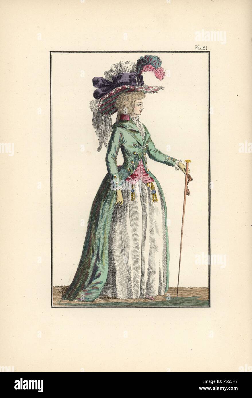Woman in a silk redingote and straw hat with a cane in her hand..  Hand-colored lithograph from "Fashions and Customs of Marie Antoinette and  her Times," by Le Comte de Reiset, Paris,