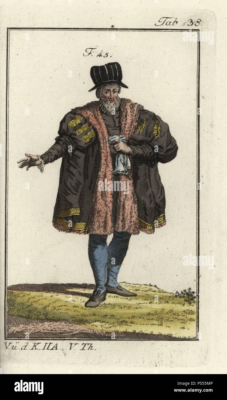 Councilor of Leipzig, 1577. Handcolored copperplate engraving from Robert von Spalart's 'Historical Picture of the Costumes of the Principal People of Antiquity and of the Middle Ages,' Vienna, 1811. Illustration based on Thomas Jefferys Collection of Dresses of Different Nations, Antient and Modern. After the Designs of Holbein, Van Dyke, Hollar, and others, London, 1757. Stock Photo