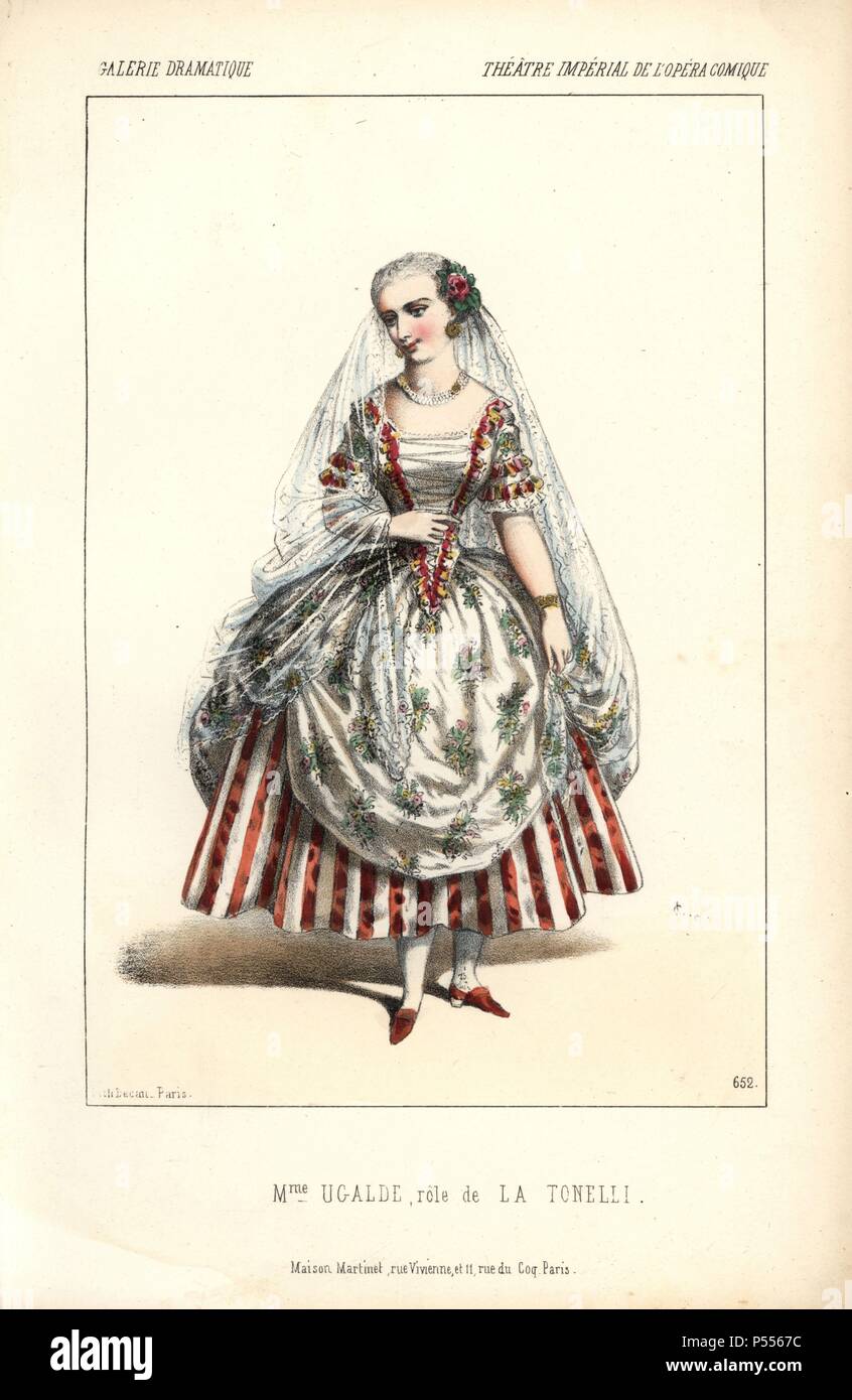 Mme. Marguerite Ugalde as 'La Tonelli' at the Opera Comique. Mme Ugalde was a famous soprano opera singer and beauty and later moved to the Varietes.. Handcoloured lithograph by Alexandre Lacauchie from 'Galerie Dramatique: Costumes des Theatres de Paris' 1853. Stock Photo