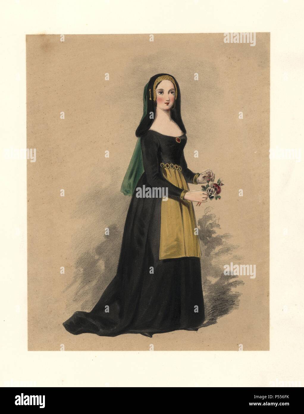 Dress of the reign of King Henry VII, 14851509. She wears a black dress with gold apron, and a black hood with green veil. The ornament which fastens the hood, the clog or clock, is mentioned in the Ordinance issued by Margaret, Countess of Richmond (Henry VII’s mother) for 'The Reformation of Apparell for Grest Estates of Women in the Tyme of Mourning.' Copied from the Roman de la Rose in the British Museum. Handcoloured lithograph from 'Costumes of British Ladies from the Time of William the First to the Reign of Queen Victoria,” London, Dickinson & Son, 1840. 48 mounted plates of women's f Stock Photo