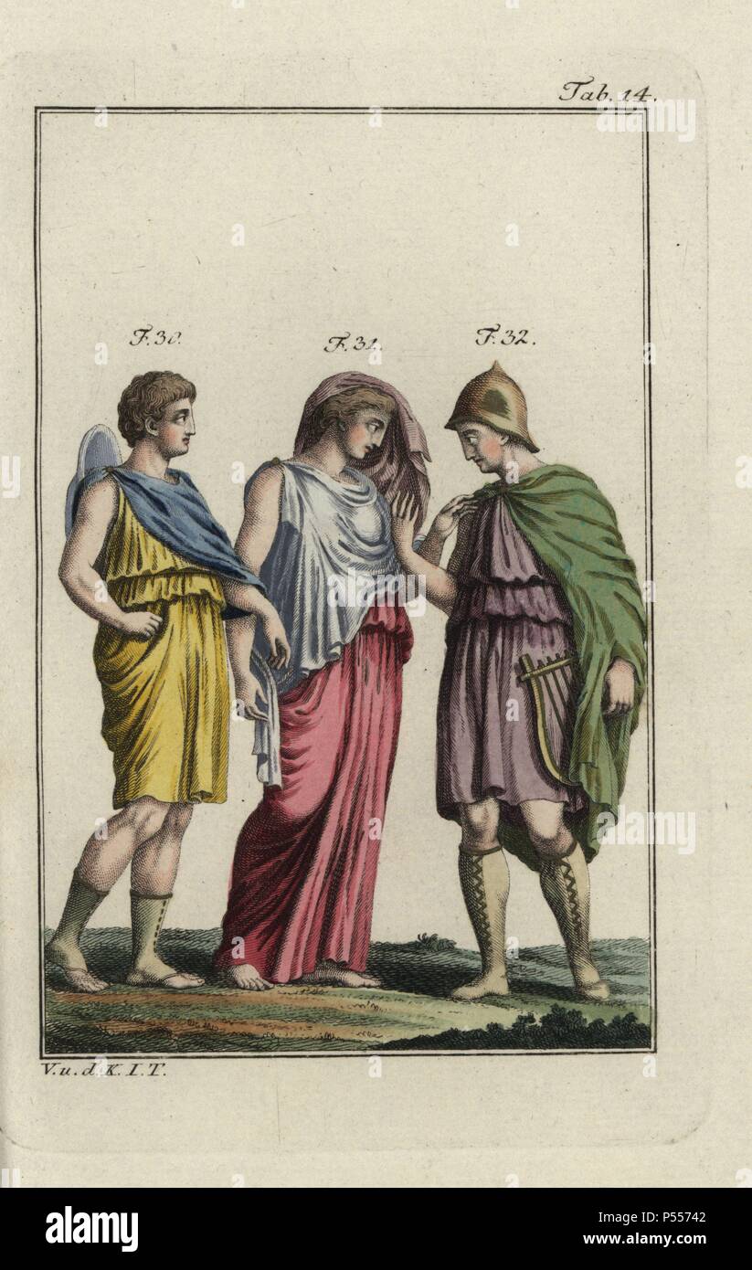 Zethus with lyre, Amphion in Greek shoes, and a Greek woman wearing her mantle draped over her head. Handcolored copperplate engraving from Robert von Spalart's 'Historical Picture of the Costumes of the Principal People of Antiquity and of the Middle Ages' (1796). Stock Photo