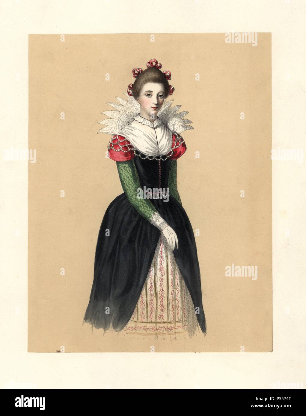 Dress during the Protectorate, 16531659. She wears five ribbons in her hair, a tall lace collar, a black dress with green sleeves and scarlet shoulders over embroidered petticoats. Based on Speed’s Map of England, portrait of Lady Croke. Handcoloured lithograph from 'Costumes of British Ladies from the Time of William the First to the Reign of Queen Victoria,” London, Dickinson & Son, 1840. 48 mounted plates of women's fashion from 1066 to 1840 based on effigies, manuscripts, portraits, prints and literary descriptions. Stock Photo
