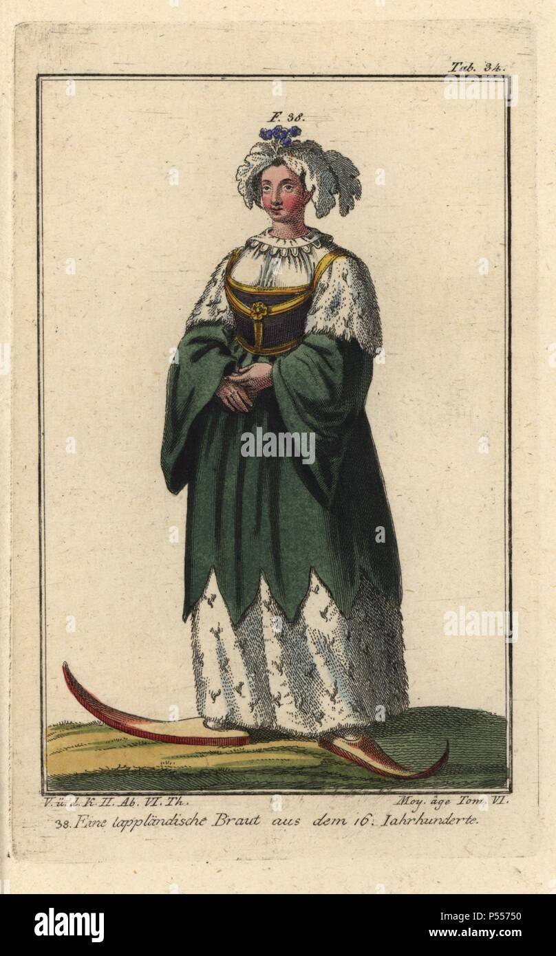 Bride from Lapland wearing a dress of ermine and sable, and a headdress of fur cut to look like feathers. in the 1600s. Handcolored copperplate engraving from Robert von Spalart's "Historical Picture of the Costumes of the Peoples of Antiquity, the Middle Ages and the New Era," written by Leopold Ziegelhauser, Vienna, 1837. Illustration from Cesare Vecellio's Habiti antichi e moderni, Venice, 1590. Stock Photo