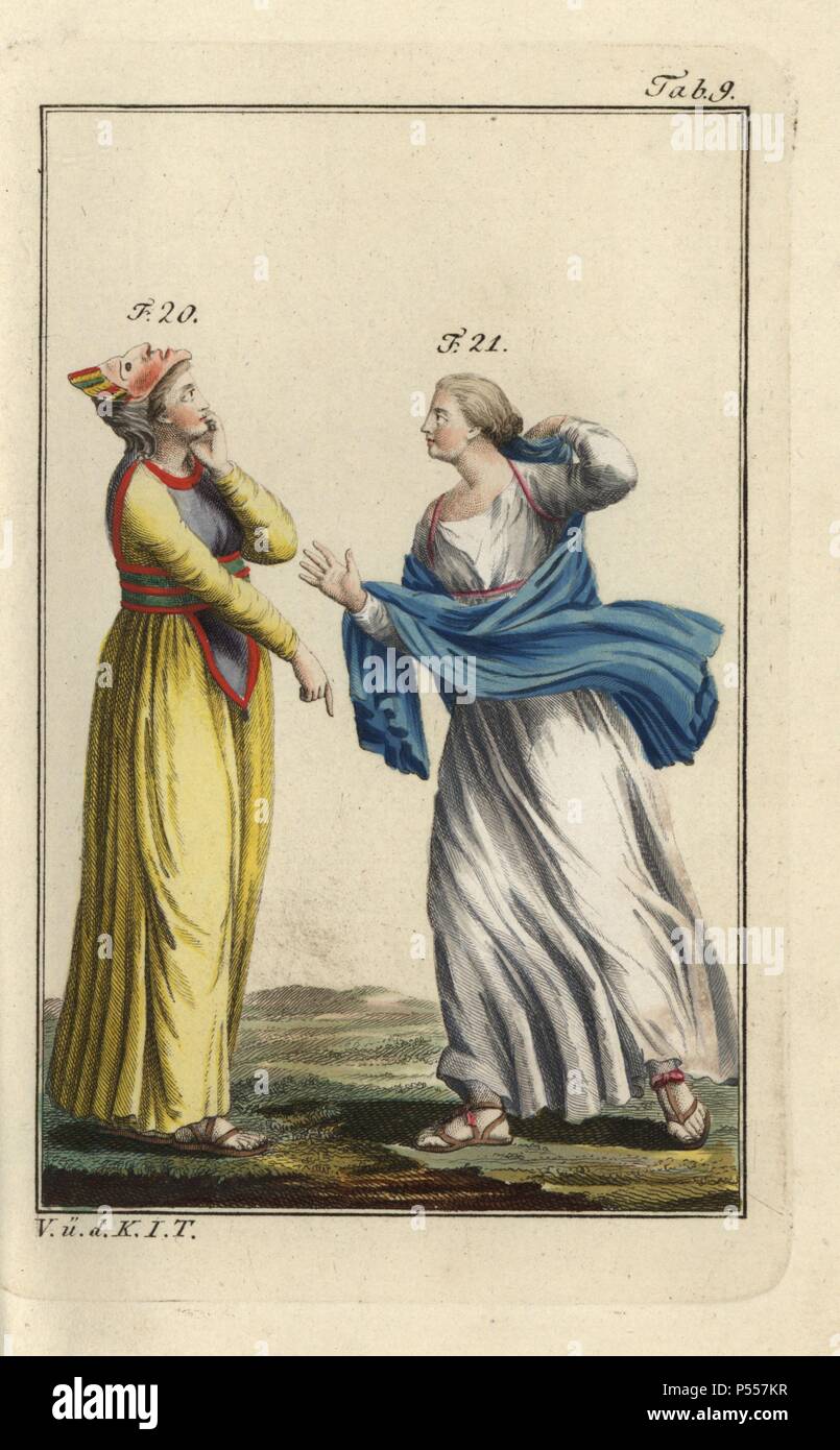 Melpomene, Muse of Tragedy, wearing a Greek strophium (bra) and mask, and a daughter of Niobe. Handcolored copperplate engraving from Robert von Spalart's 'Historical Picture of the Costumes of the Principal People of Antiquity and of the Middle Ages' (1796). Stock Photo