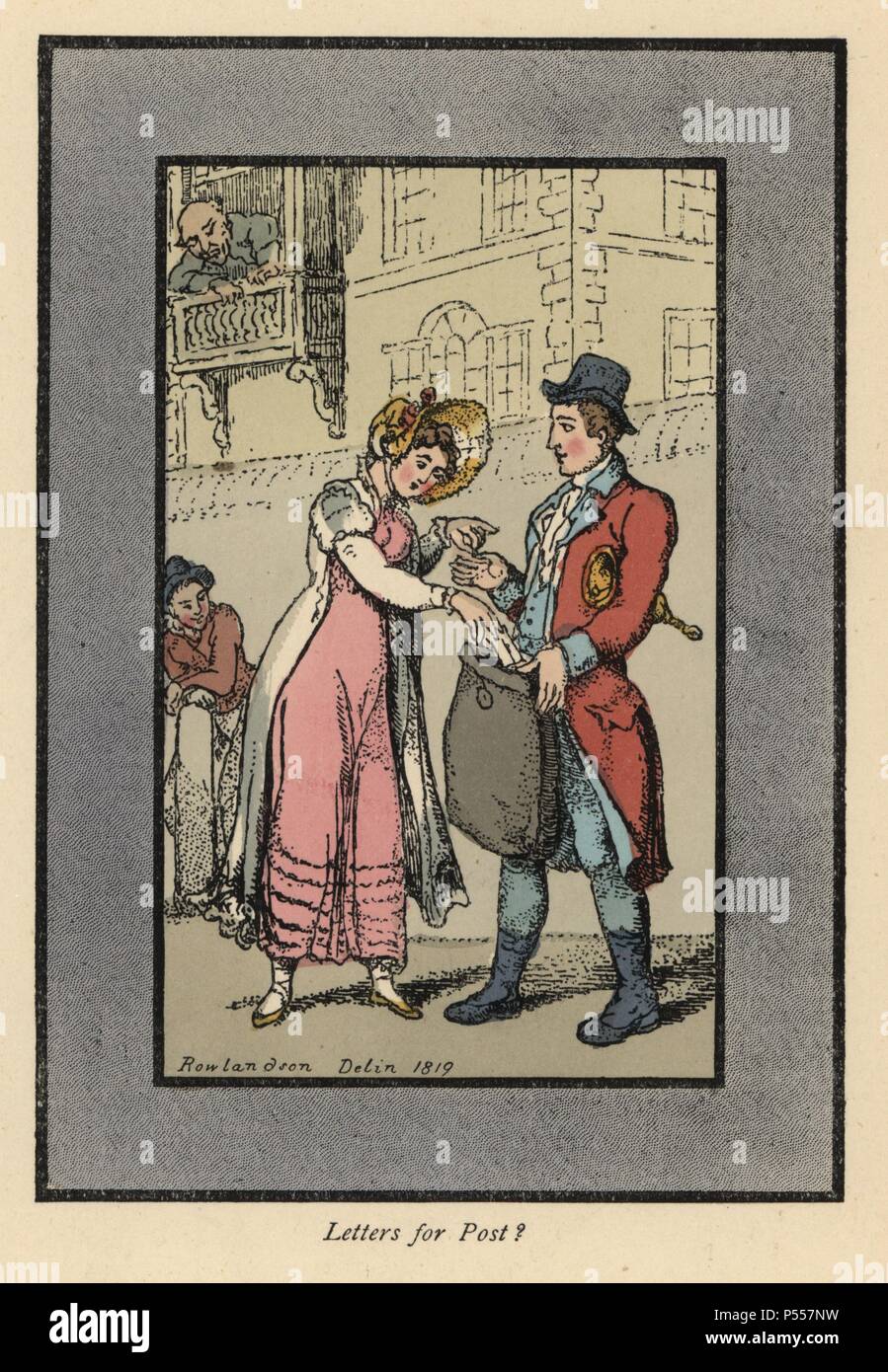 Woman paying and dropping a letter into a sack held by a Royal Mail postman. Handcoloured woodblock print after an original painting by Thomas Rowlandson (1756-1827) from Andrew Tuer's 'London Cries: with Six Charming Children and about forty other illustrations,' published by Field & Tuer, London, 1883. Stock Photo
