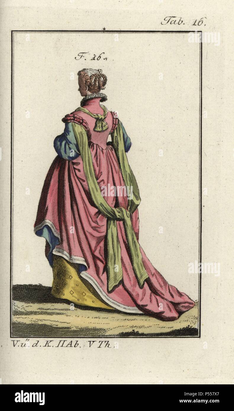 Girl of Bologna, 1581. Handcolored copperplate engraving from Robert von Spalart's 'Historical Picture of the Costumes of the Principal People of Antiquity and of the Middle Ages,' Vienna, 1811. Illustration based on Thomas Jefferys A Collection of Dresses of Different Nations, Antient and Modern. After the Designs of Holbein, Van Dyke, Hollar, and others, London, 1757. Stock Photo