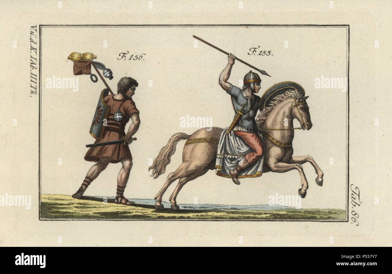 Roman cavalry with javelin (verutum) and a Roman soldier on the march with his pack, sword (gladius) and shield (scutum). Handcolored copperplate engraving from Robert von Spalart's 'Historical Picture of the Costumes of the Principal People of Antiquity and of the Middle Ages' (1798). Stock Photo