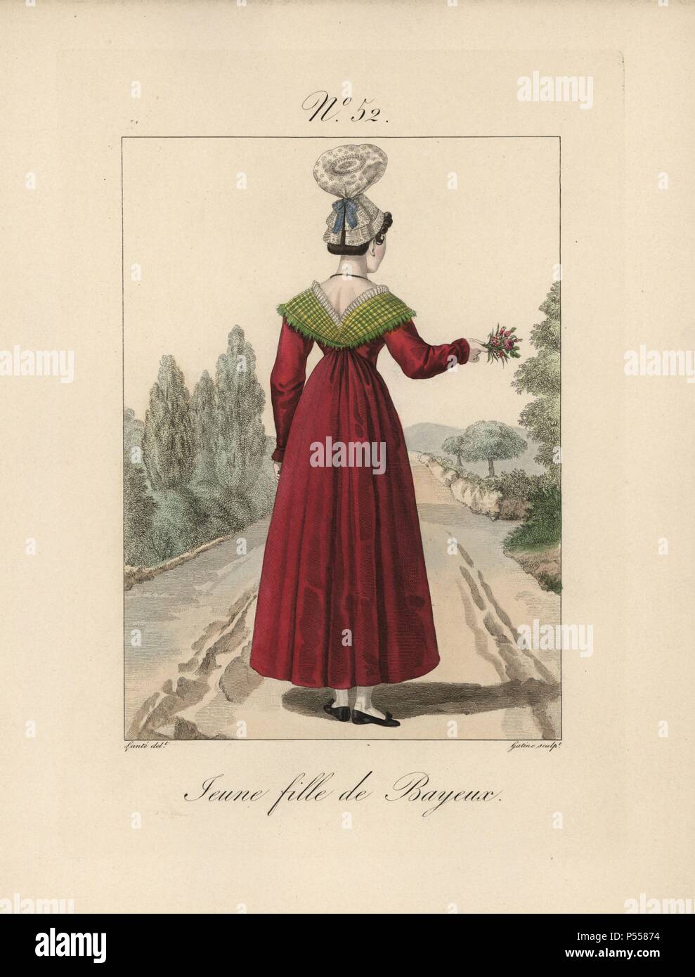 Young girl of Bayeux. No woman of high society would wear such a low-cut  neckline in Paris as this floozy. The bonnet has no tails, but the base and  the papillon (butterfly)