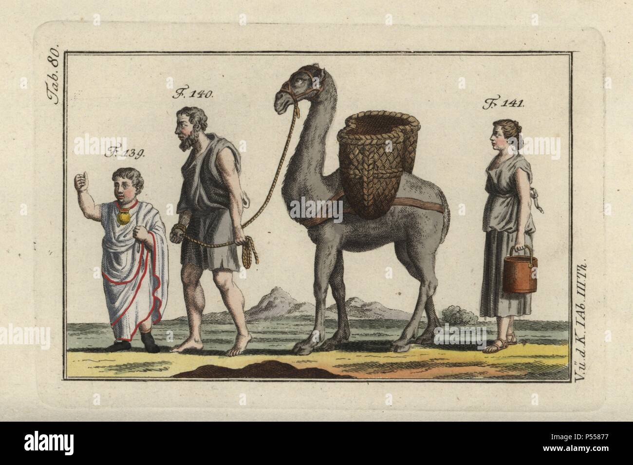 Roman boy with bulla amulet, male slave leading a camel and a female slave carrying a bucket. Handcolored copperplate engraving from Robert von Spalart's 'Historical Picture of the Costumes of the Principal People of Antiquity and of the Middle Ages' (1798). Stock Photo