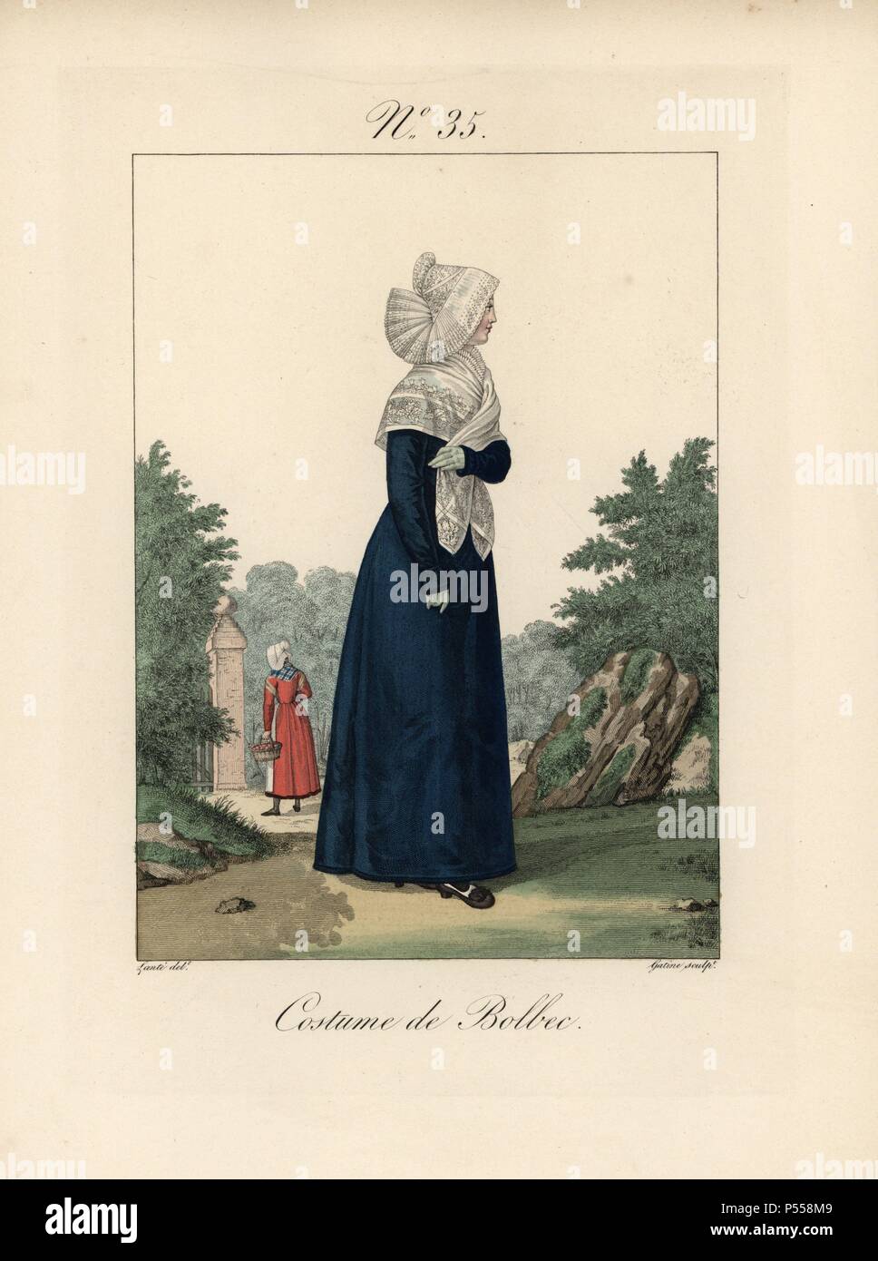 Woman in the costume of Bolbec. Tradeswoman in blue dress, lace shawl and bonnet. Bolbec is a town seven leagues from le Havre with a population of 5,500. Hand-colored fashion plate illustration by Lante engraved by Gatine from Louis-Marie Lante's 'Costumes des femmes du Pays de Caux,' 1827/1885. With their tall Alsation lace hats, the women of Caux and Normandy were famous for the elegance and style. Stock Photo