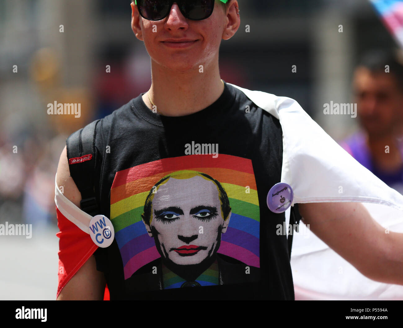 New York City, New York, USA. 23rd June, 2018. Parade participant is seen in t-shirt with Russian president Vladimir Putin during the Pride March on June 24, 2018 in New York. The first March was held in 1970. Credit: Anna Sergeeva/ZUMA Wire/Alamy Live News Stock Photo