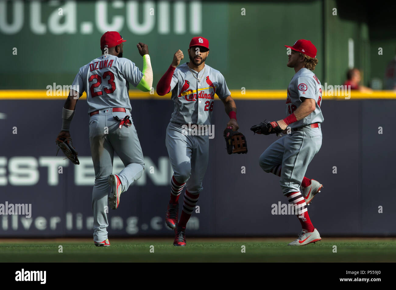 Milwaukee, WI, USA. 23rd June, 2018. Cardinal outfielders celebrate a ...