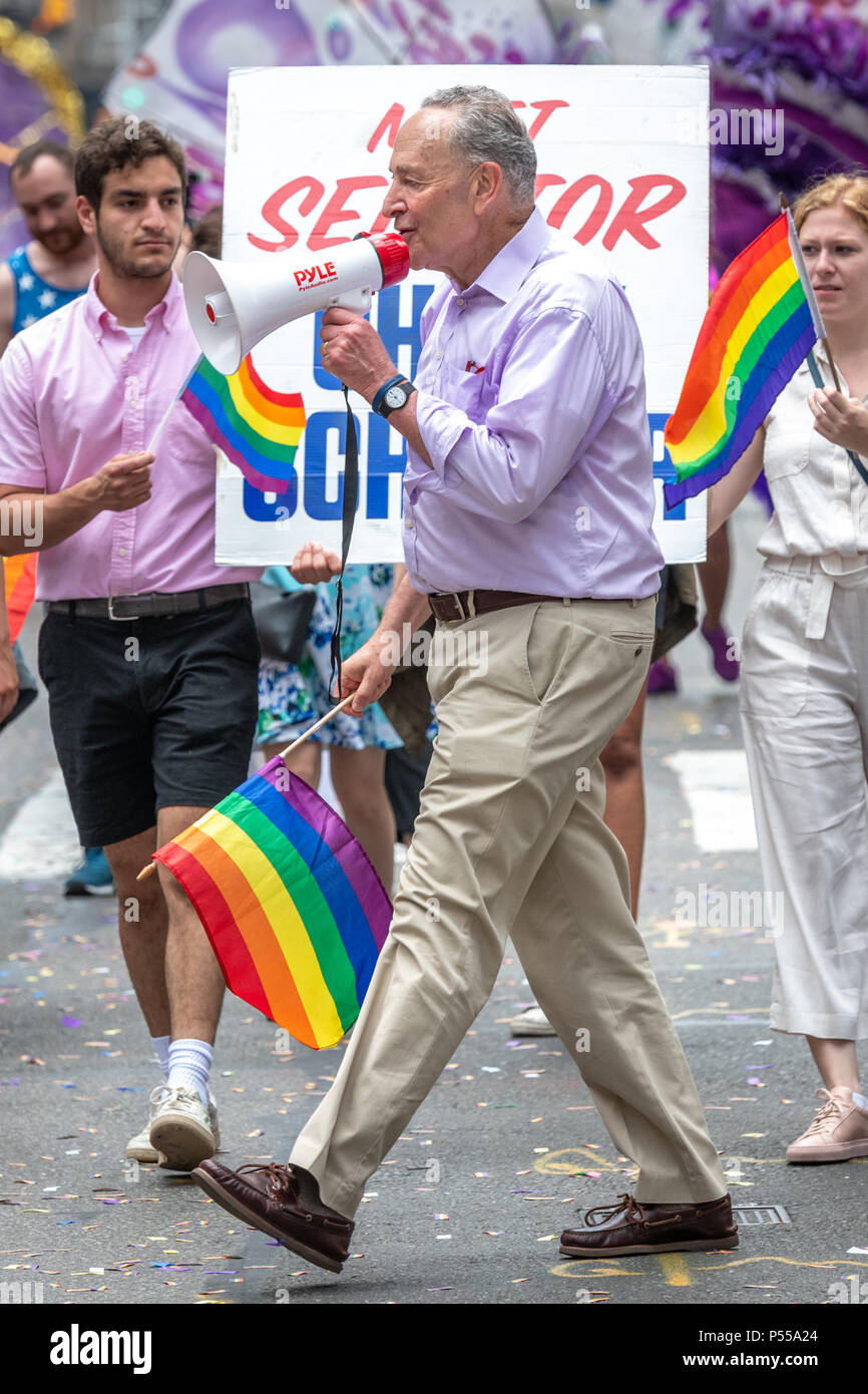 New York, USA, 24 June 2018. New York Senator Chuck Schumer participates in the New York City Pride Parade 2018.  Photo by Enrique Shore Credit: Enrique Shore/Alamy Live News Stock Photo