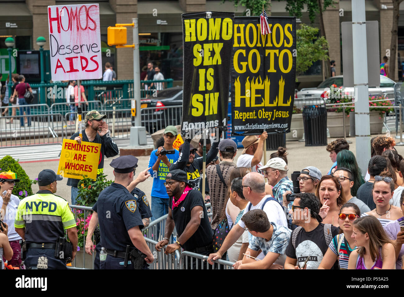 New York, USA, 24 June 2018. A handful of ultra-Christian anti-gay protesters demonstrate against the march but fail to attract much attention during the New York City  Pride Parade 2018.  Photo by Enrique Shore Credit: Enrique Shore/Alamy Live News Stock Photo