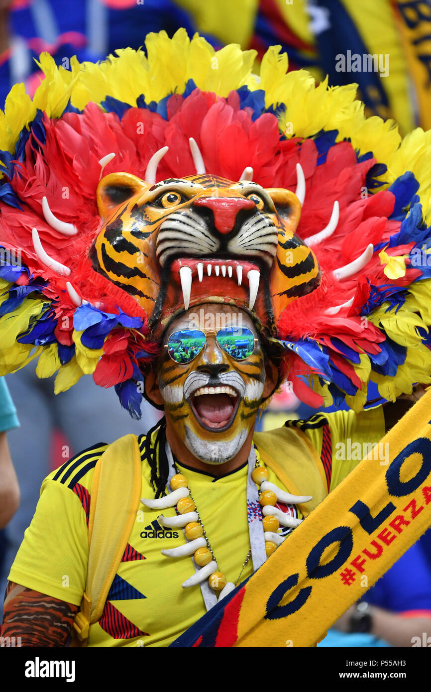 Kazan, Russland. 24th June, 2018. opulently masked male Colombian fan, football fan with feather headdress and mask, male, male. Poland (PO) -Kolumbia (COL) 0-3, Preliminary Round, Group C, Match 31 on 24.06.2018 in Kazan, Kazan Arena. Football World Cup 2018 in Russia from 14.06. - 15.07.2018. | usage worldwide Credit: dpa/Alamy Live News Stock Photo