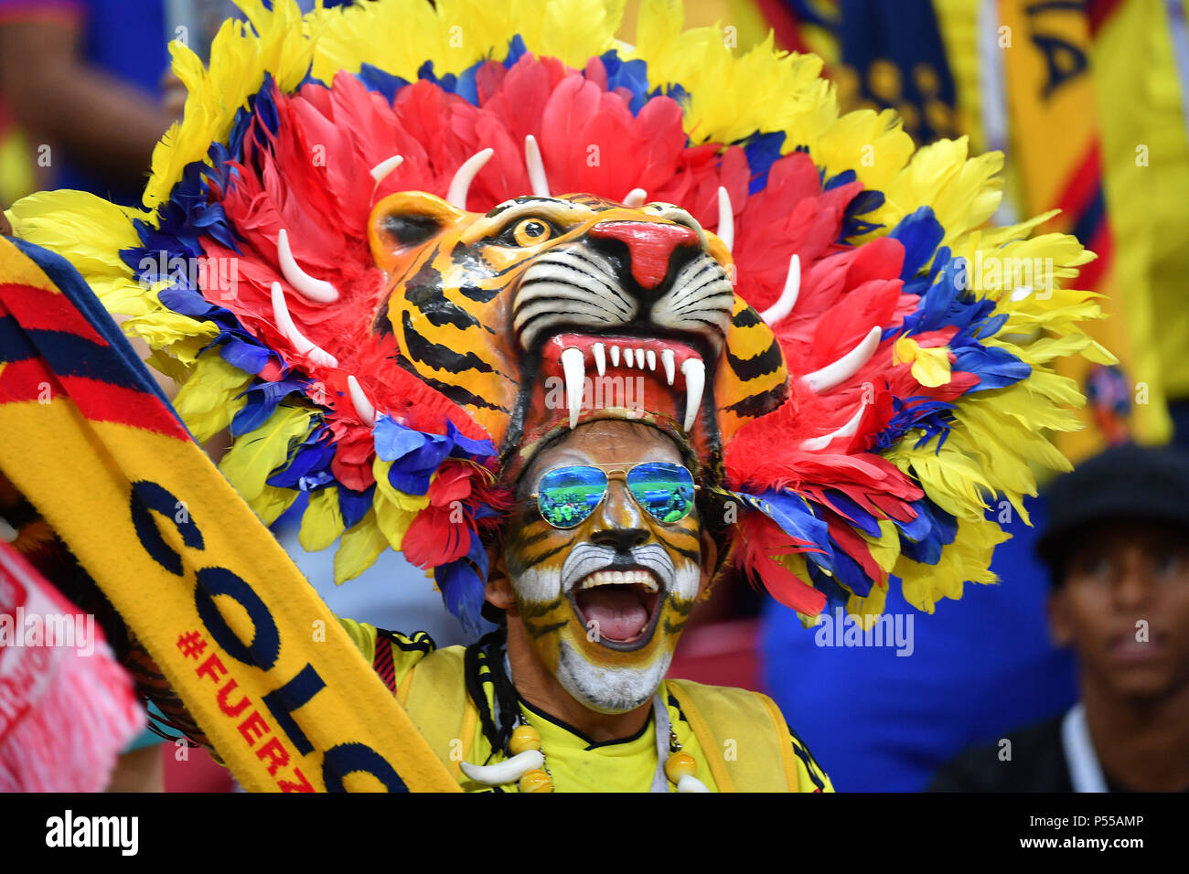 Kazan, Russland. 24th June, 2018. opulently masked male Colombian fan, football fan with feather headdress and mask, male, male. Poland (PO) -Kolumbia (COL) 0-3, Preliminary Round, Group C, Match 31 on 24.06.2018 in Kazan, Kazan Arena. Football World Cup 2018 in Russia from 14.06. - 15.07.2018. | usage worldwide Credit: dpa/Alamy Live News Stock Photo