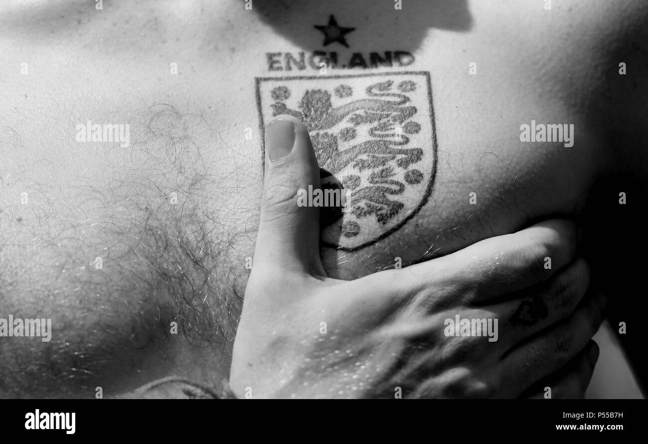 England Badge Tattoo ENGLAND V PANAMA ENGLAND V PANAMA, 2018 FIFA WORLD CUP RUSSIA 24 June 2018 GBC8757 2018 FIFA World Cup Russia STRICTLY EDITORIAL USE ONLY. If The Player/Players Depicted In This Image Is/Are Playing For An English Club Or The England National Team. Then This Image May Only Be Used For Editorial Purposes. No Commercial Use. The Following Usages Are Also Restricted EVEN IF IN AN EDITORIAL CONTEXT: Use in conjuction with, or part of, any unauthorized audio, video, data, fixture lists, club/league logos, Betting, Games or any 'live' services. Also Restrict Stock Photo