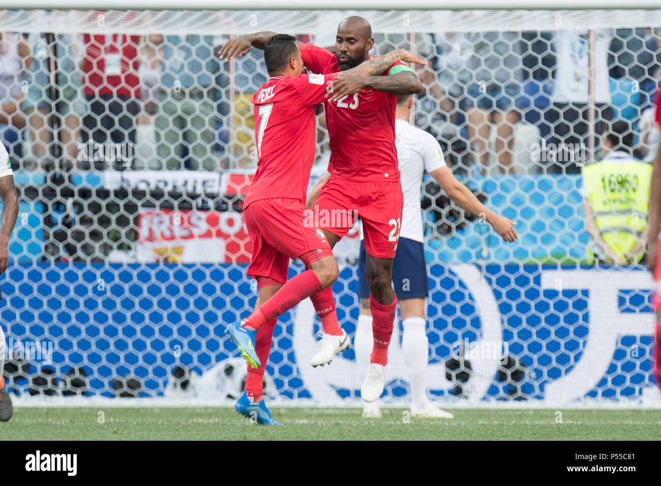 goalkeeper Felipe BALOY (PAN) cheers with Blas PEREZ (PAN) on the only goal for Panama to 6: 1 final score, full figure, England (ENG) - Panama (PAN) 6: 1, preliminary round, Group G, game 30, am 24.06.2018 in Nizhny Novgorod; Football World Cup 2018 in Russia from 14.06. - 15.07.2018. | usage worldwide Stock Photo