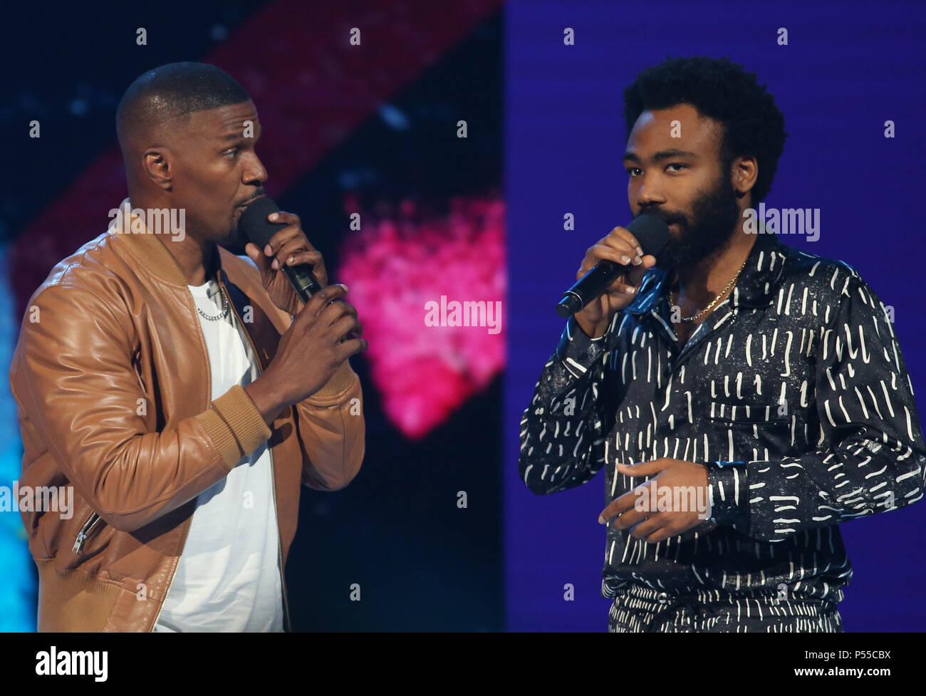 LOS ANGELES, CA - JUNE 24: Jamie Foxx, Donald Glover, Childish Gambino, at the 2018 BET Awards -  Show at the Microsoft Theater in Los Angeles, California on June 24, 2018. Credit: Faye Sadou/MediaPunch Stock Photo