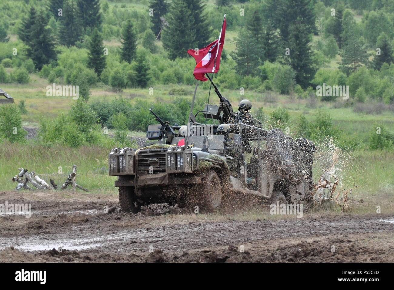 Strasice, Czech Republic. 23rd June, 2018. Land Rover Defender 130 vehicle is seen during the Ground Force Day Bahna 2018, presentation of military equipment and activities, in Strasice, Czech Republic, on June 23, 2018. Credit: Lada Peskova/CTK Photo/Alamy Live News Stock Photo