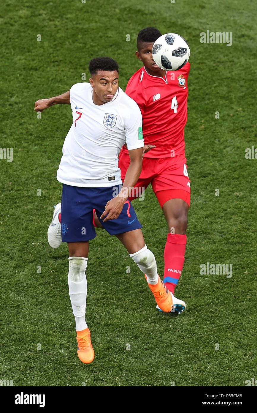 Jesse Lingard of England and Fidel Escobar of Panama during the 2018 FIFA World Cup Group G match between England and Panama at Nizhny Novgorod Stadium on June 24th 2018 in Nizhny Novgorod, Russia. (Photo by Daniel Chesterton/phcimages.com) Stock Photo