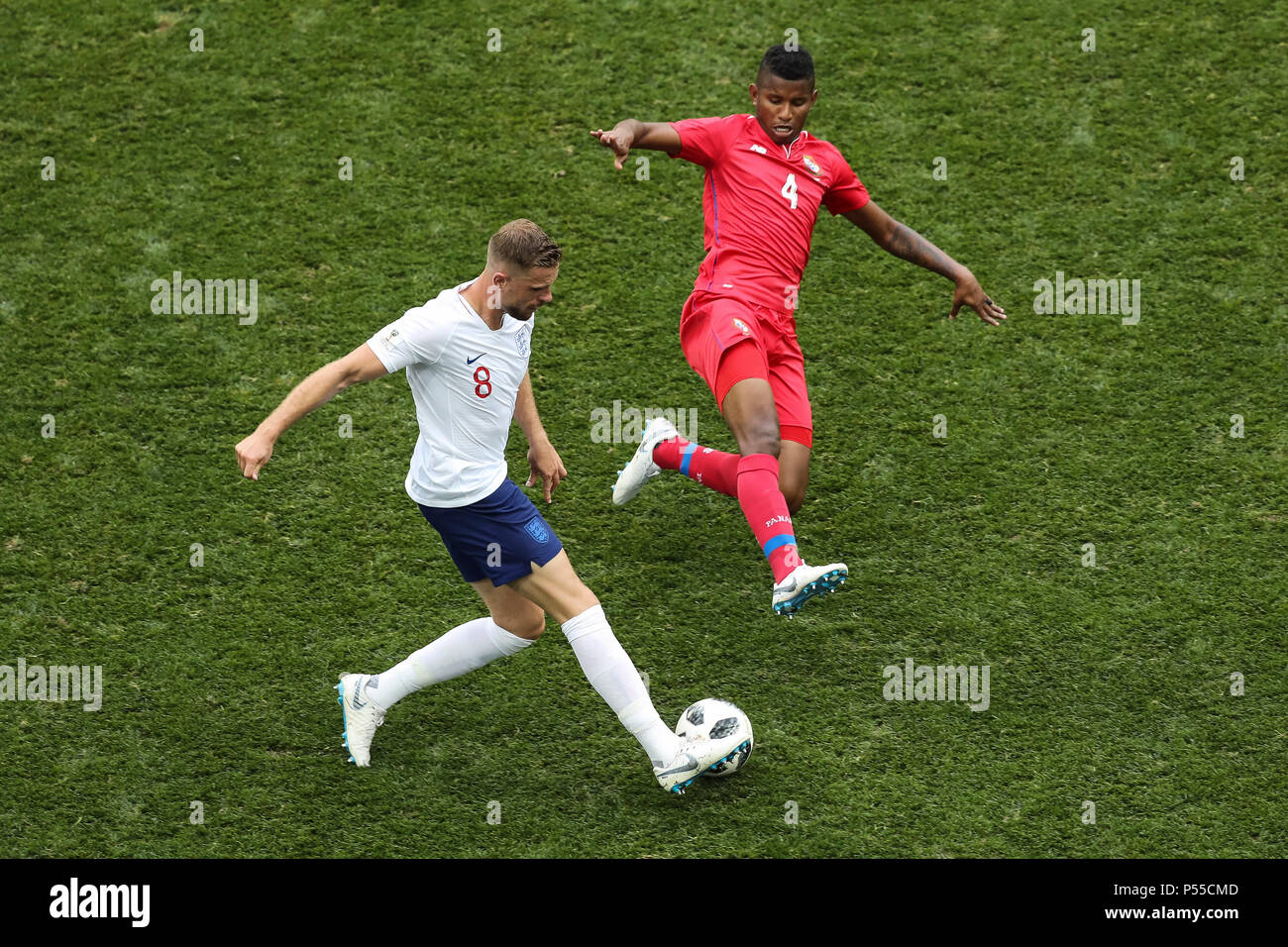Jordan Henderson of England is tackled by Fidel Escobar of Panama during the 2018 FIFA World Cup Group G match between England and Panama at Nizhny Novgorod Stadium on June 24th 2018 in Nizhny Novgorod, Russia. (Photo by Daniel Chesterton/phcimages.com) Stock Photo