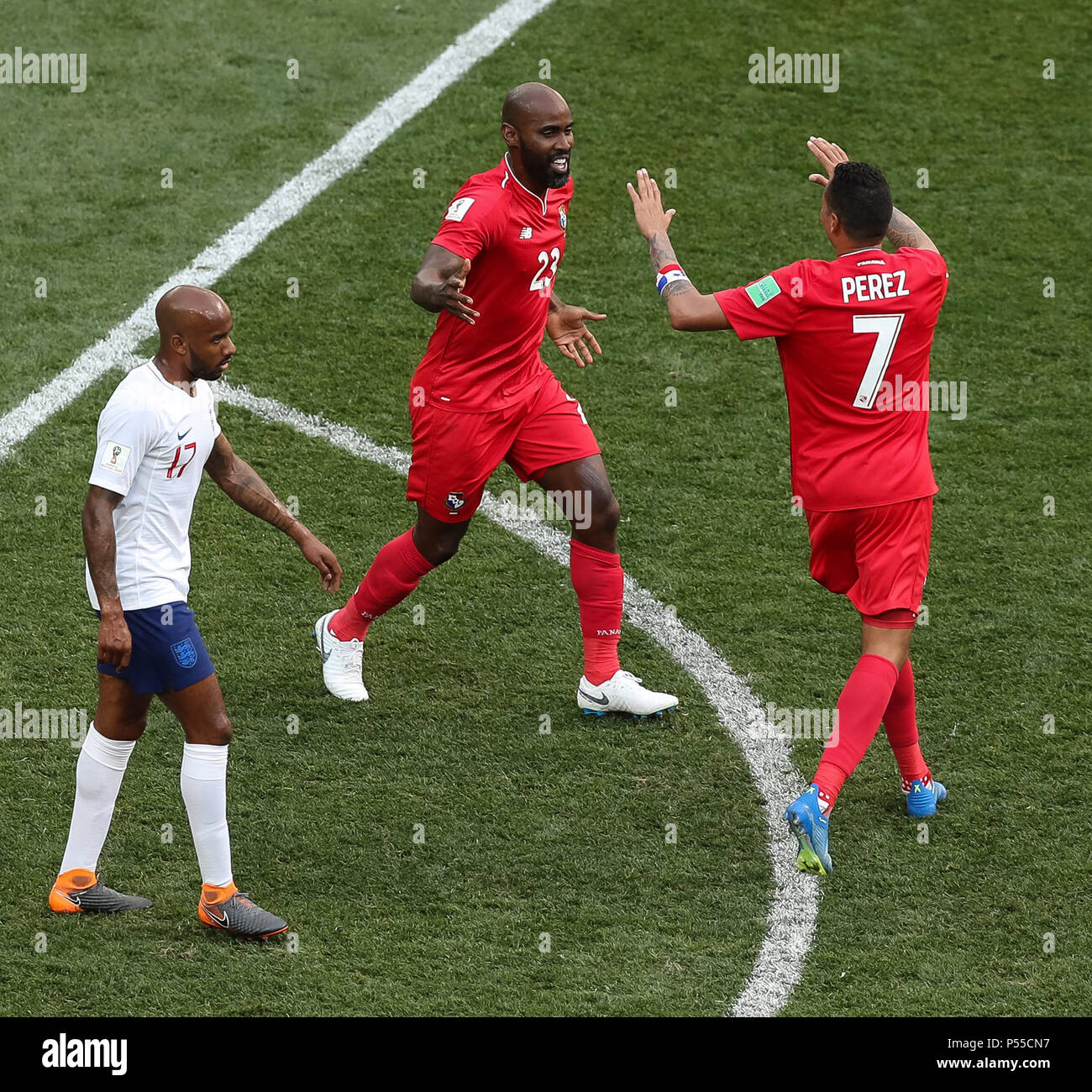Felipe Baloy of Panama celebrates with Blas Perez of Panama after scoring his side's first goal to make the score 6-1 during the 2018 FIFA World Cup Group G match between England and Panama at Nizhny Novgorod Stadium on June 24th 2018 in Nizhny Novgorod, Russia. (Photo by Daniel Chesterton/phcimages.com) Stock Photo