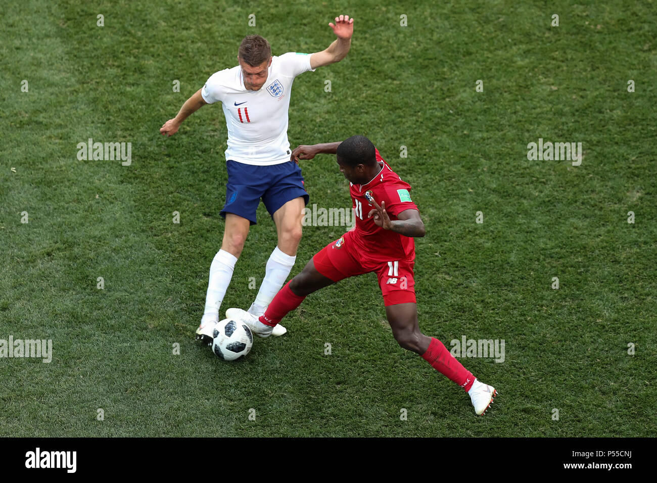 Jamie Vardy of England and Armando Cooper of Panama during the 2018 FIFA World Cup Group G match between England and Panama at Nizhny Novgorod Stadium on June 24th 2018 in Nizhny Novgorod, Russia. (Photo by Daniel Chesterton/phcimages.com) Stock Photo