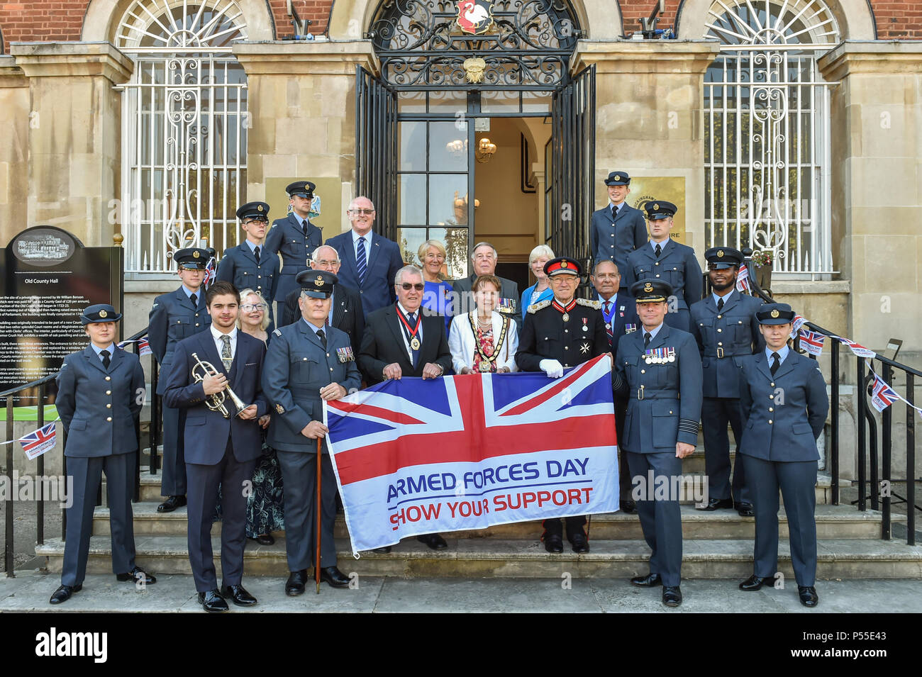 Aylesbury, United Kingdom. 25 June 2018. Earlier today Chairman Netta  Glover was joined by County Councillors, Deputy Lieutenants, RAF personnel  and other civic dignitaries in Market Square in the presence of Sir