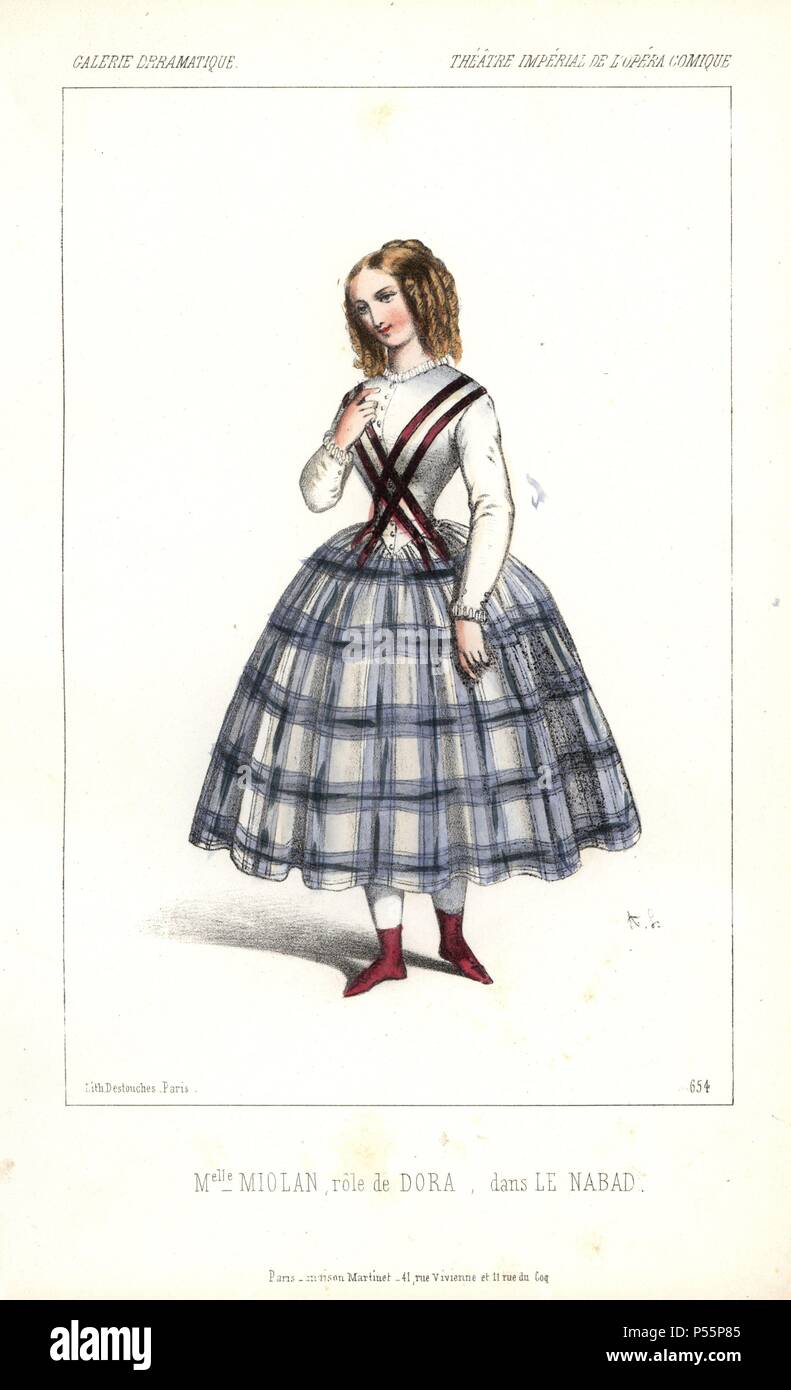 Opera singer Mlle. Miolan as Dora in 'Le Nabab' at the Opera Comique. 'Le Nabad' [sic] was a comic opera by Halevy and Scribe.. Handcoloured lithograph by Alexandre Lacauchie from 'Galerie Dramatique: Costumes des Theatres de Paris' 1853. Stock Photo