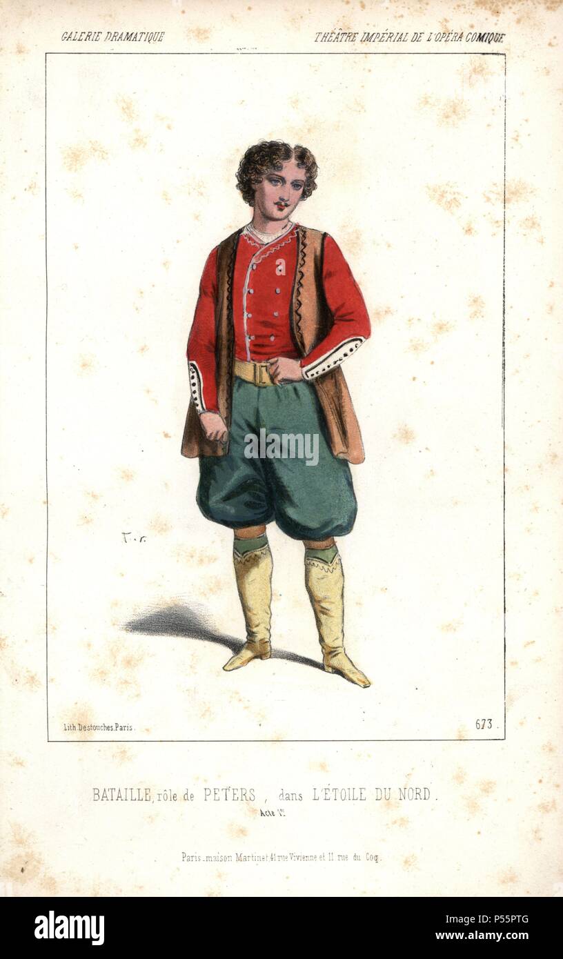 Bataille in the role of Peters (Peter the Great) in 'L'Etoile du Nord' at the Theatre Imperiale de l'Opera Comique. Charles-Amable Battaille (1822-1872) was a bass opera singer and vocal teacher. Handcoloured lithograph by Alexandre Lacauchie from 'Galerie Dramatique: Costumes des Theatres de Paris' 1853. Stock Photo