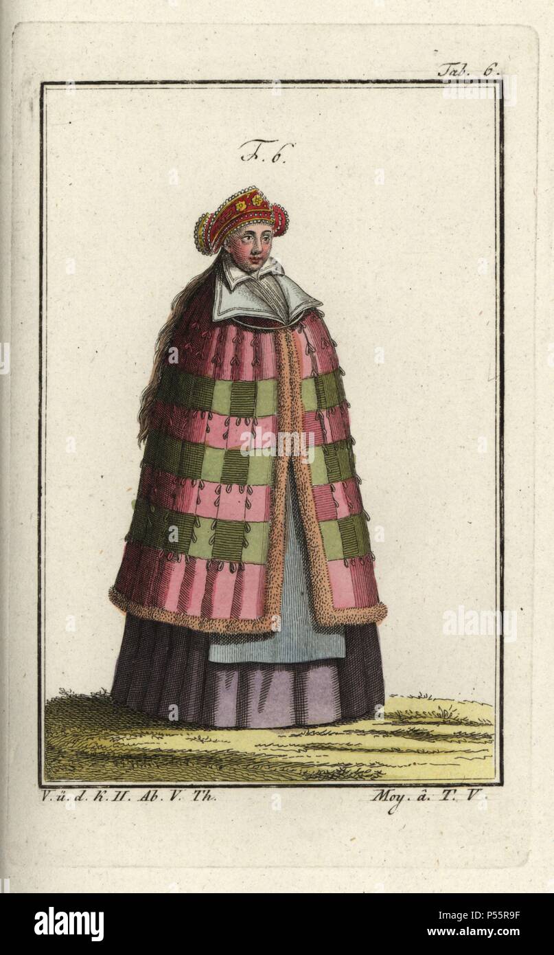 Silesian bride on her way to church. Gold-decorated hat, long full dress  and cloak made up of squares of fur. Handcolored copperplate engraving from  Robert von Spalart's "Historical Picture of the Costumes