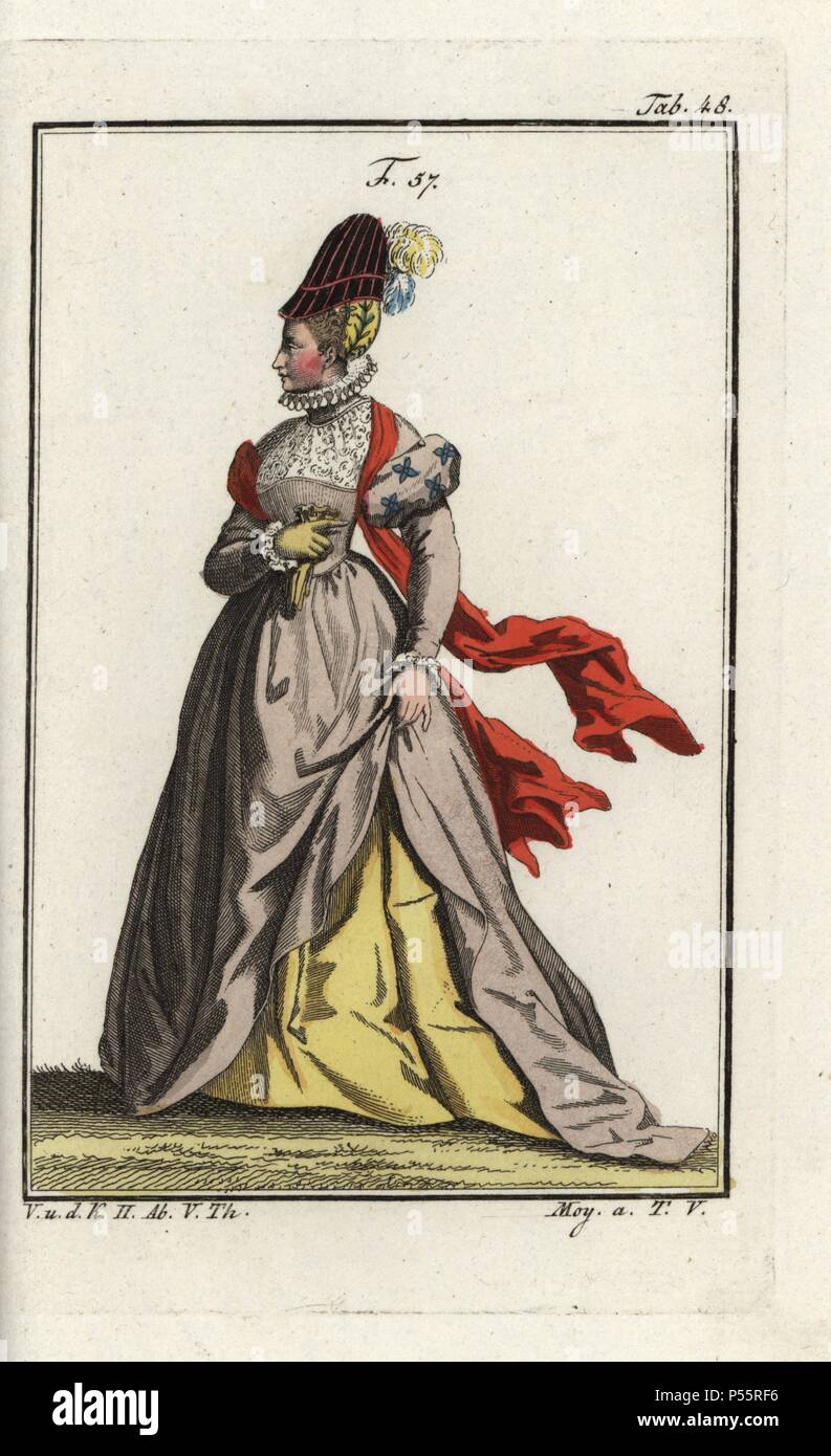 Woman of France. Handcolored copperplate engraving from Robert von Spalart's 'Historical Picture of the Costumes of the Principal People of Antiquity and of the Middle Ages,' Vienna, 1811. Illustration based on Thomas Jefferys Collection of Dresses of Different Nations, Antient and Modern. After the Designs of Holbein, Van Dyke, Hollar, and others, London, 1757. Stock Photo