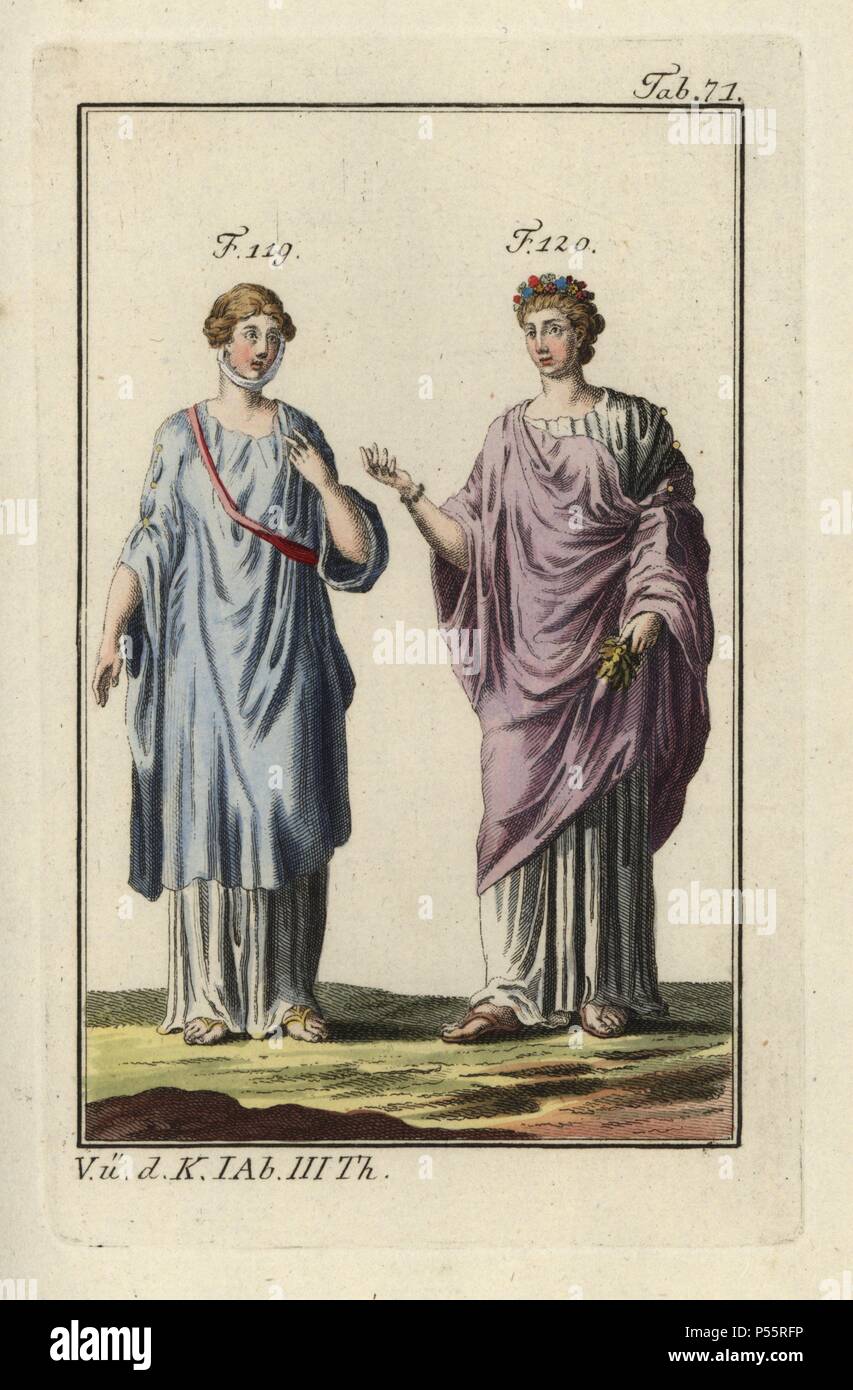 Roman woman and the goddess Flora in the panula, a distinctive Roman alternative to the toga. Handcolored copperplate engraving from Robert von Spalart's 'Historical Picture of the Costumes of the Principal People of Antiquity and of the Middle Ages' (1798). Stock Photo