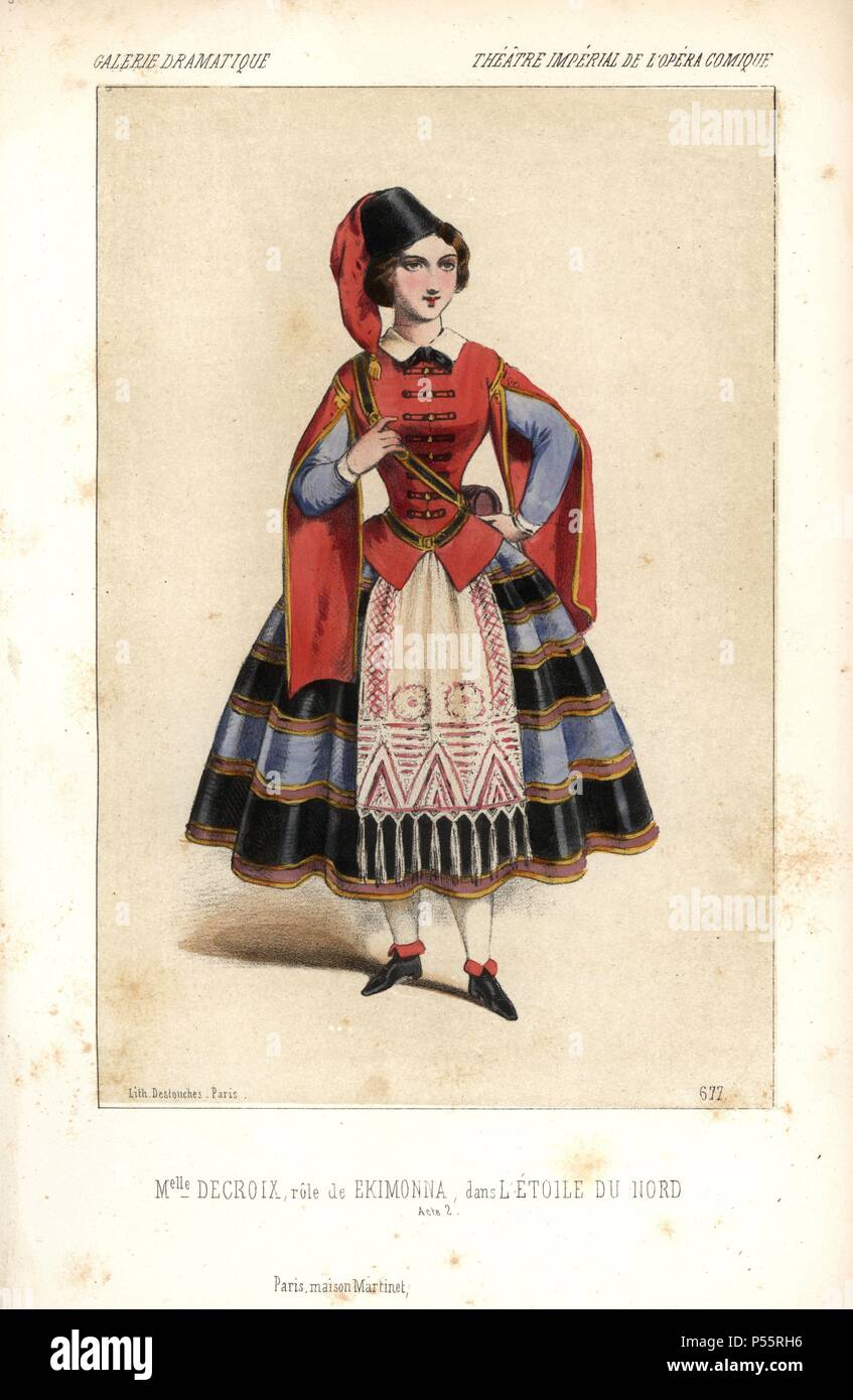 Mlle. Decroix as Ekimonna in 'L'Etoile du Nord' at the Opera Comique. Marguerite Jeanne Camille Decroix was a soprano opera singer who debuted in 1848. Handcoloured lithograph by Alexandre Lacauchie from 'Galerie Dramatique: Costumes des Theatres de Paris' 1853. Stock Photo